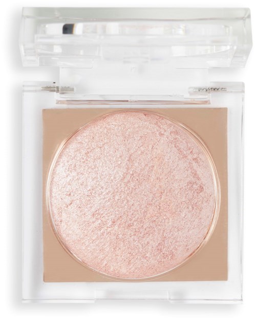 En rund, lyserød blush eller highlighter i et gennemsigtigt etui med låg, til makeup.