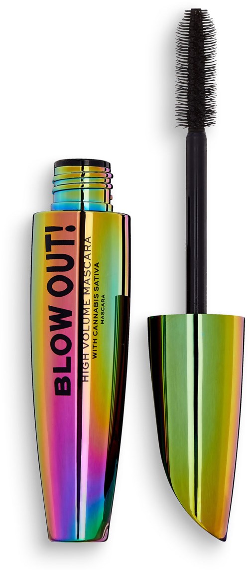 En regnbågfärgad mascara- eller fransböjarflaska med borste, märkt "BLOW OUT!" på sidan.