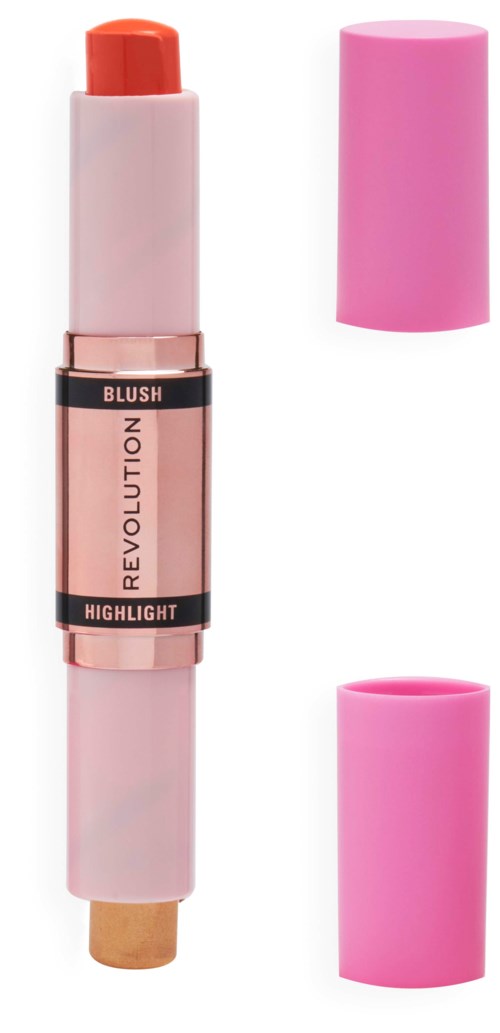 Make-up-Stift mit rosa Deckel, gekennzeichnet 'Revolution Highlight' und 'Blush'. Zwei rosa Deckel sind entfernt.