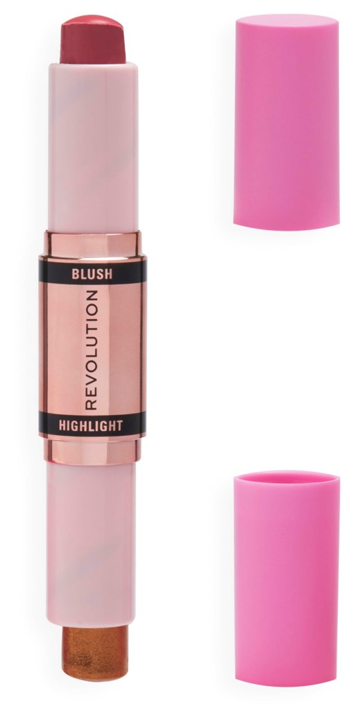 Ein Make-up-Highlights-Stift mit rosa Deckel, zeigt das Produkt teilweise herausgezogen.