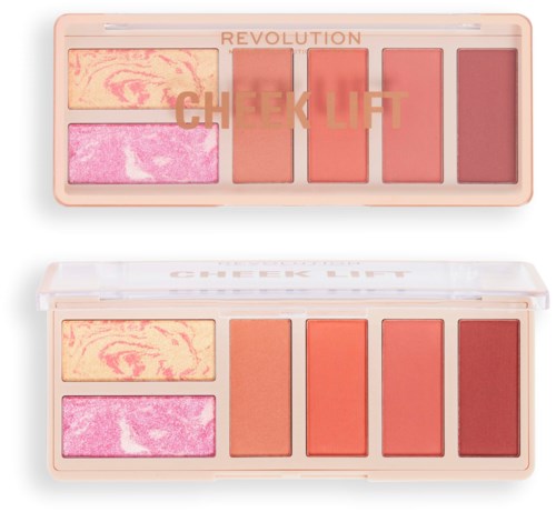 Ein Make-up-Palette mit Rouge, Bronzer und fünf verschiedene Pink- und Rottöne für Lidschatten in einem transparenten Gehäuse.