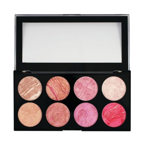 En sminke-palett med åtte rosa og beige blush og øyeskymmer i en svart etui med speil.