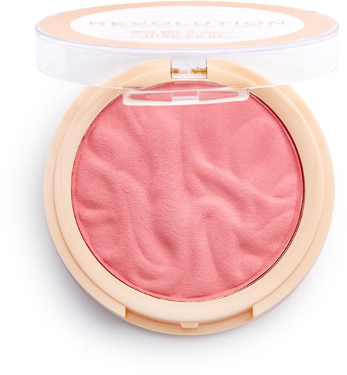 Rosa blush i en round behållare med ett genomskinligt lock. Mjuk, slät yta utan synliga penseldrag.