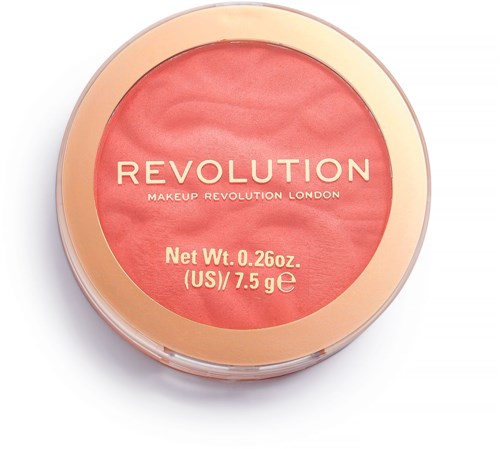 Rosa blush i rund behållare med guld- och vitaccenter, märkt 'Revolution' från Makeup Revolution London, väger 7,5 gram.