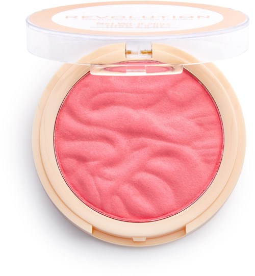En rosa blush i en rund kompakt med ett klarskal, något ojämnt yta och en beige behållare.