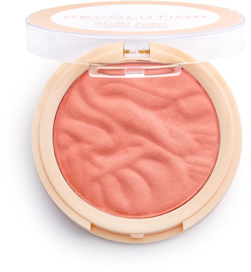 A round blush with a marbled pink-orange surface and a clear plastic lid.