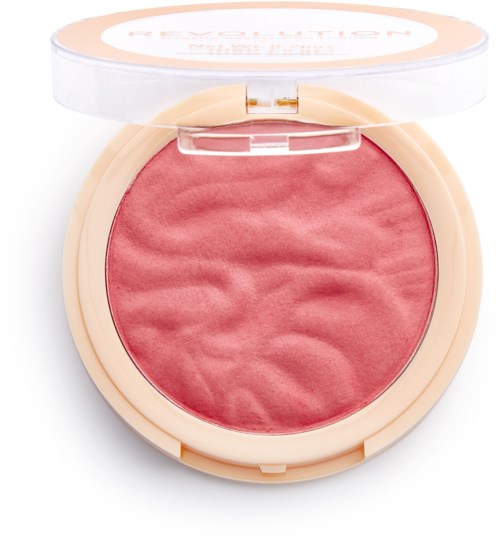 En rund makeup-kompakt med rosa rouge och en tydlig lock, mest tom med några borstmärken.