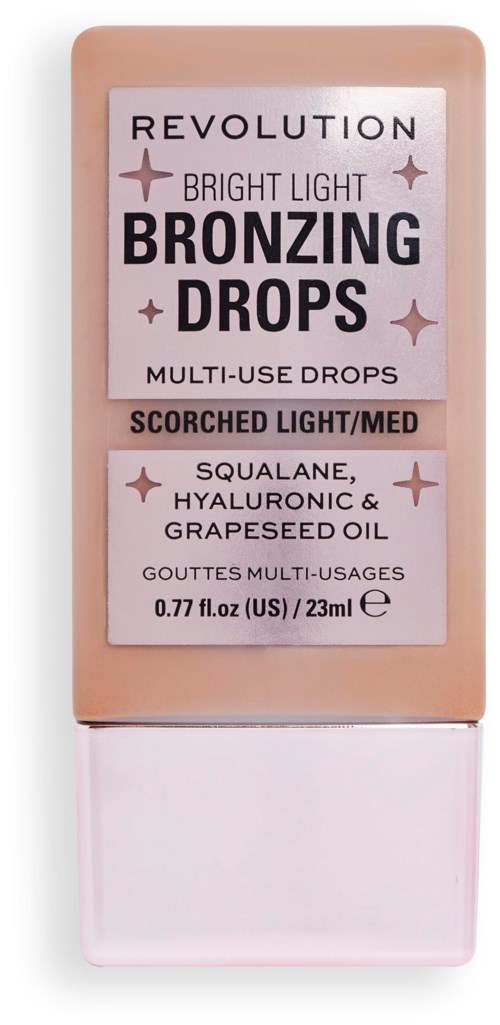 En flaska brun-utanpå-droppar med etikett 'Revolution Bright Light Bronzing Drops' och ingredienser, storlek och användningsdetaljer.