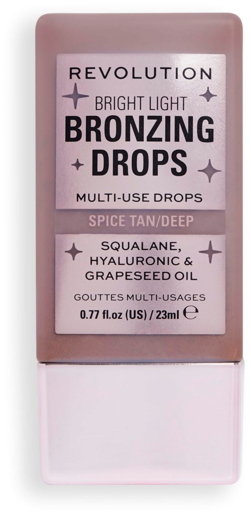 Bronzing drops for tanning, contains squalane, hyaluronic, and grapeseed oil, used for face or body.