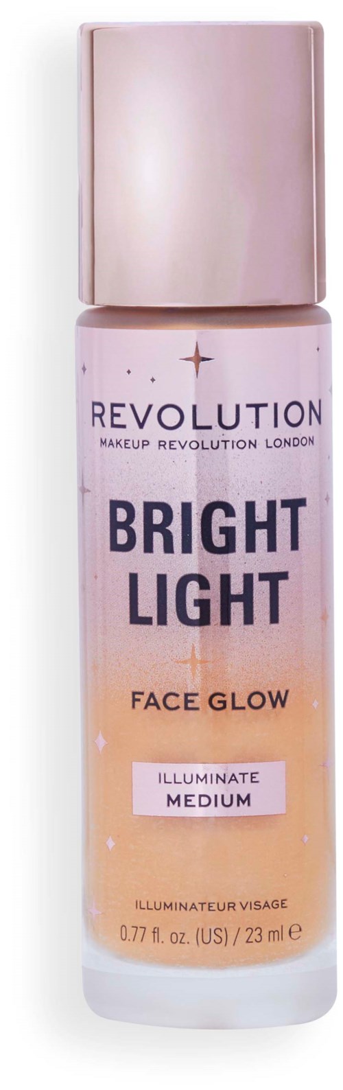 En liten flaska märkt 'Bright Light Face Glow' med rosa lock och pastellfärgad design.