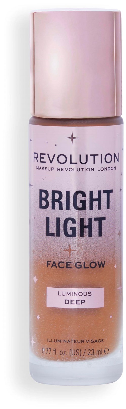 En liten flaska med rosa och lila färger, etiketten säger 'Bright Light Face Glow' för lystern i huden.