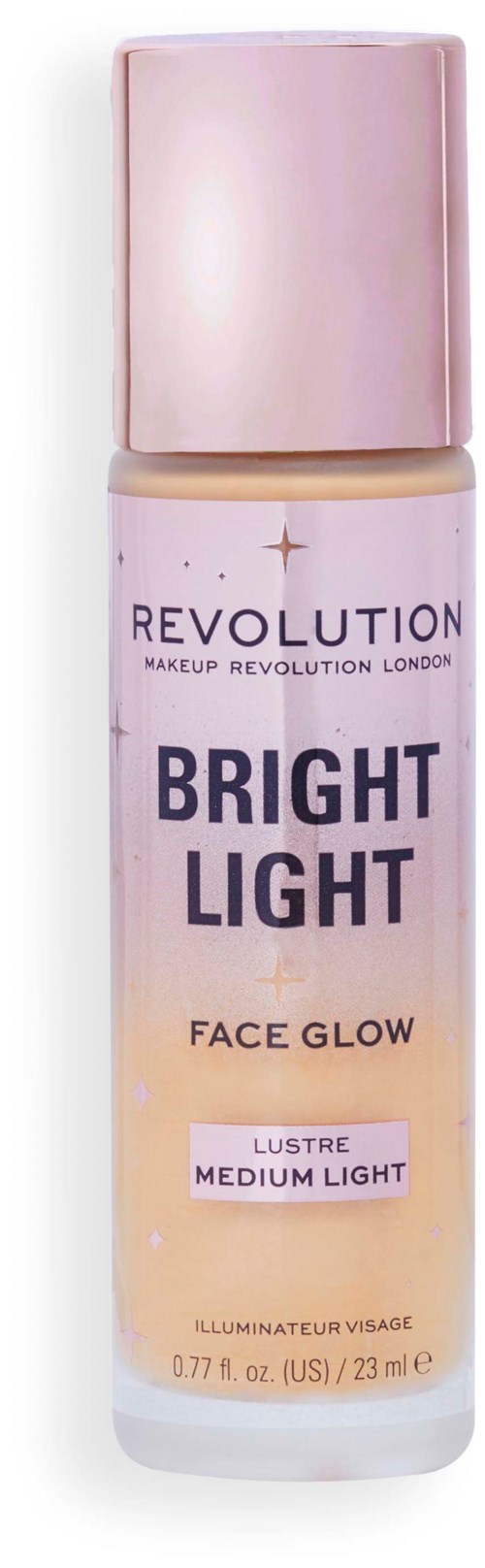 En liten flaska från Revolution Bright Light Face Glow, perfekt för ett naturligt, medel ljust sken på huden.
