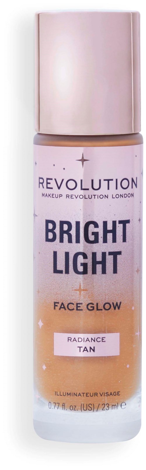En flaska ansiktsglanss spray som heter Bright Light, för en strålande solbränna, med rosa och lila design och glimmer.