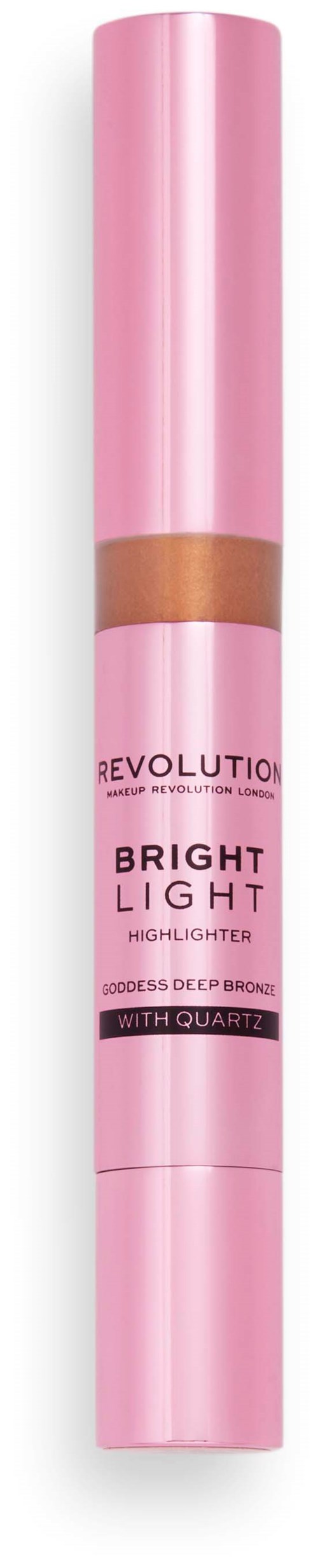 Ein rosa Highlighter mit braunem Streifen, beschriftet "Revolution Bright Light" und "with quartz," zum Hervorheben der Haut.