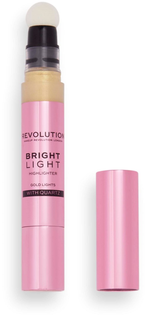 Pinkfarbener Textmarker mit Deckel, beschriftet 'Revolution Bright Light' und 'Gold Lights'.