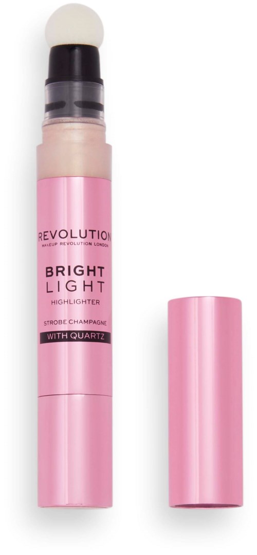 En rosa highlighter med lock, märkt 'Revolution Bright Light' och 'Strobe Champagne', med en avtagbar topp.