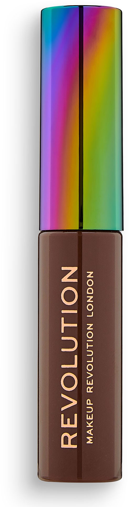 En läppstiftsrör med ett regnbågfärgat lock och brunt underlag, märkt 'REVOLUTION MAKEUP REVOLUTION LONDON'.
