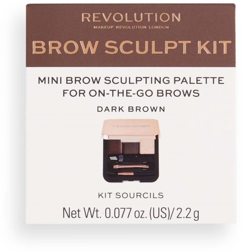 Small kit with brow shaping tools and dark brown color, in a white box with brown and black details.