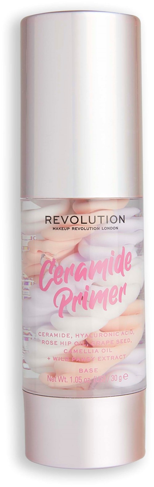 A skincare product bottle labeled "Ceramide Primer" by Revolution, with pink and white design.