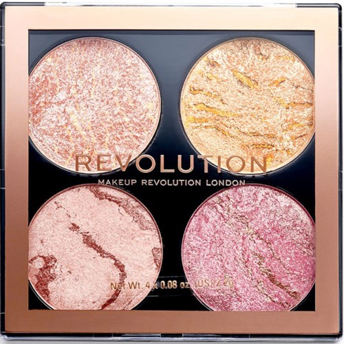 A makeup palette with four marbled powder shades in a square case. The brand is Revolution London.