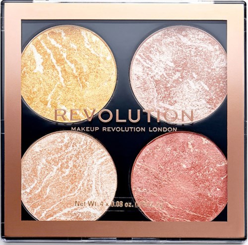 Four blushed highlighters in a golden case with the label 'Revolution Makeup Revolution London.'