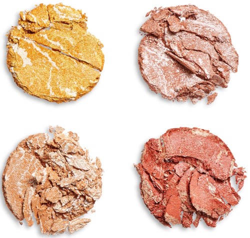 Four broken pressed powders in different colors arranged in a 2x2 grid.