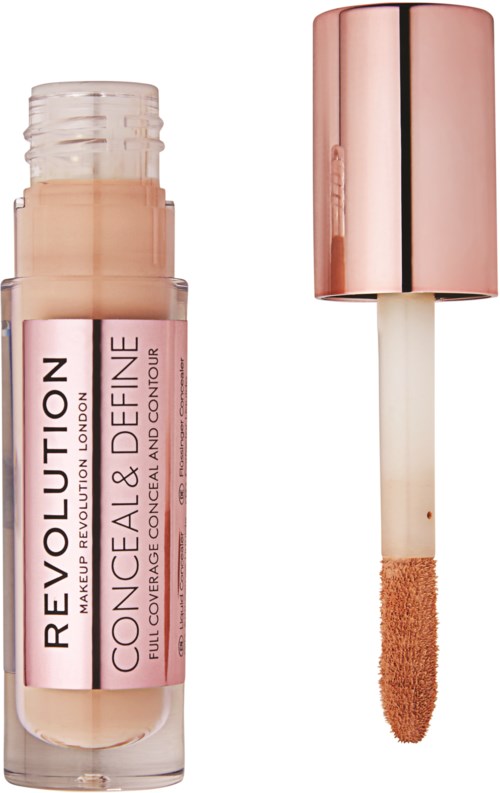 Concealer med rosa etikett og applikator, brukt til sminke for å dekke urenheter og lyse opp huden.