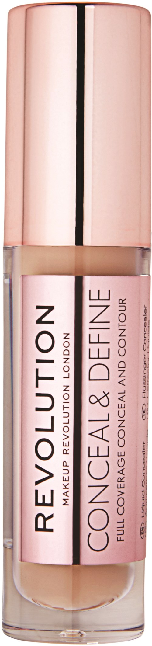 LippenGloss in einer eleganten, pinken und goldenen Tube, beschriftet "Conceal & Define" von Revolution.