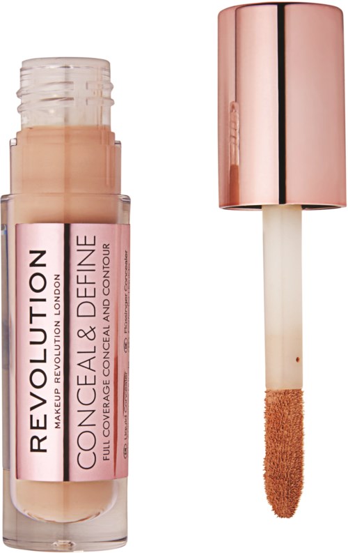Lippenstiftbehälter mit Pinsel, gekennzeichnet 'Revolution Makeup' und 'Conceal & Define', in Pink und Roségoldfarben.