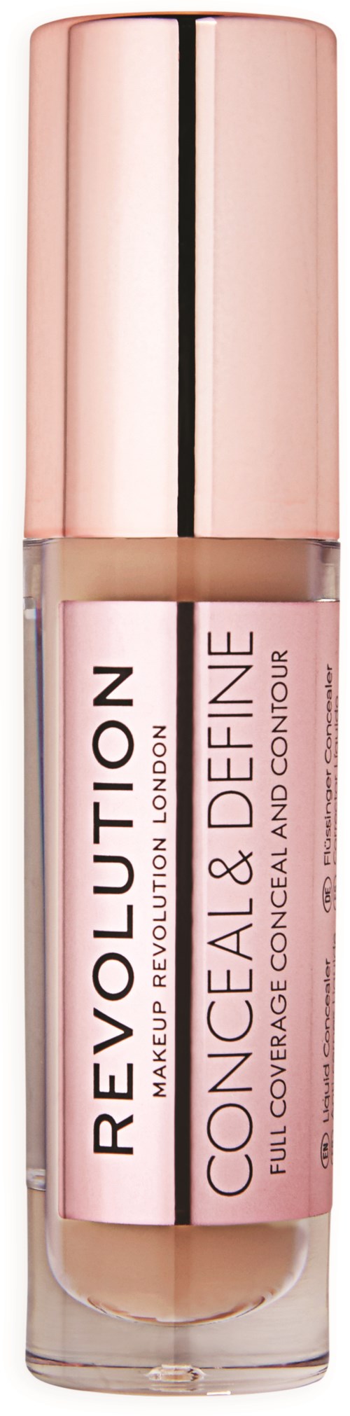 concealerstift med rosa hette og gjennomsiktig kropp, merket 'Revolution Conceal & Define' for full dekning.