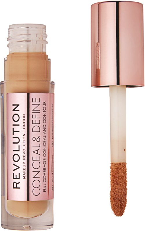 En makeupconcealer i en klar tub med rosa etikett och applikator med brunt spets.