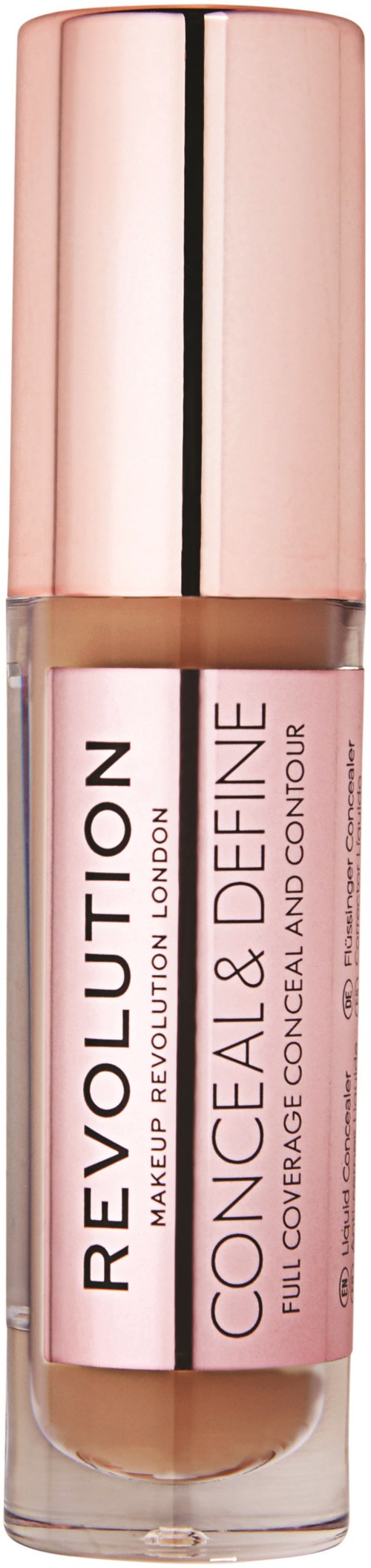 Eine rosa Tube Revolution Conceal & Define Vollabdeckender Concealer mit einem roségoldenen Deckel.