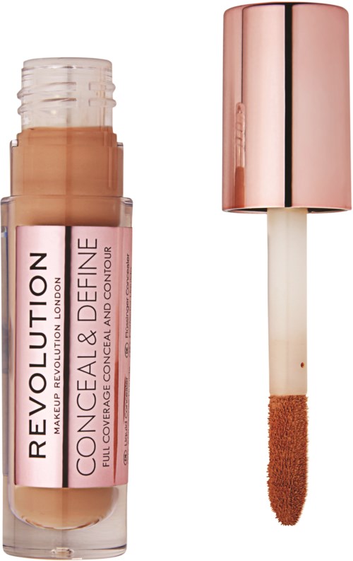 Ein Make-up-Stick mit roségoldener Kappe und beiger Flüssigkeit, beschriftet mit 'REVOLUTION' und 'CONCEAL & DEFINE'.