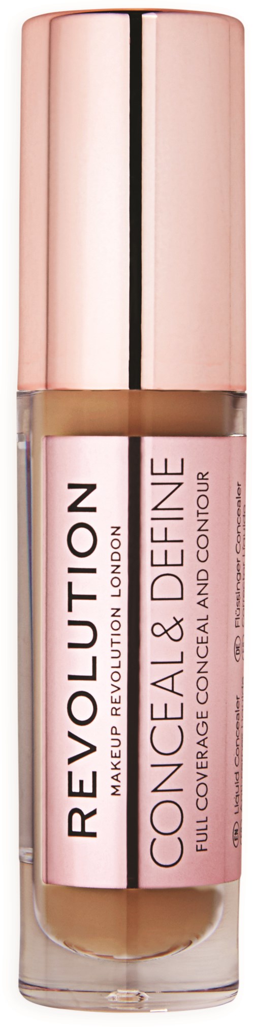 Eine Foundation-Flasche mit rosa Deckel und Etikett, gekennzeichnet 'Revolution' und 'Conceal & Define'.