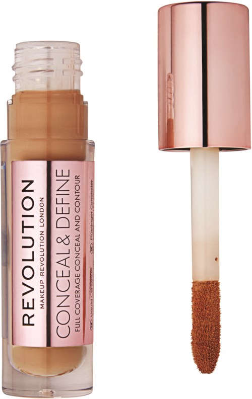 Ein Make-up Concealer mit Tube und Applikator, beschriftet 'REVOLUTION' und 'CONCEAL & DEFINE' in Pink und Beige.