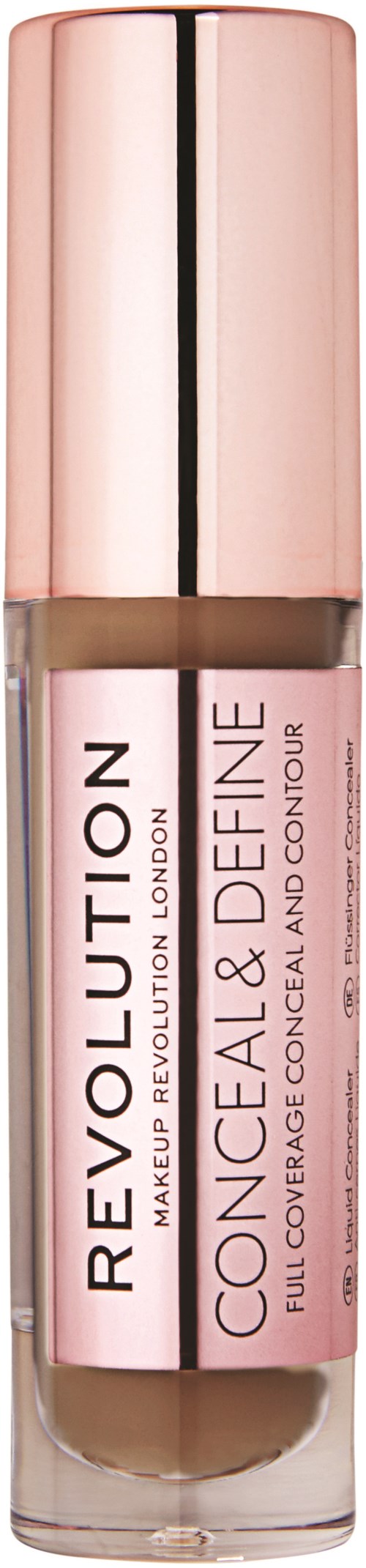 Eine pinke Flasche Revolution Make-up-Primer mit schwarzem und weißem Etikett, genannt 'Conceal & Define', für volle Deckkraft und Kontur.