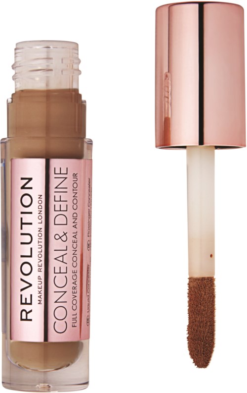 Ein Make-up-Produkt mit einer Tube mit der Beschriftung 'Revolution Conceal and Define' und einem Applikator mit Schwammspitze.
