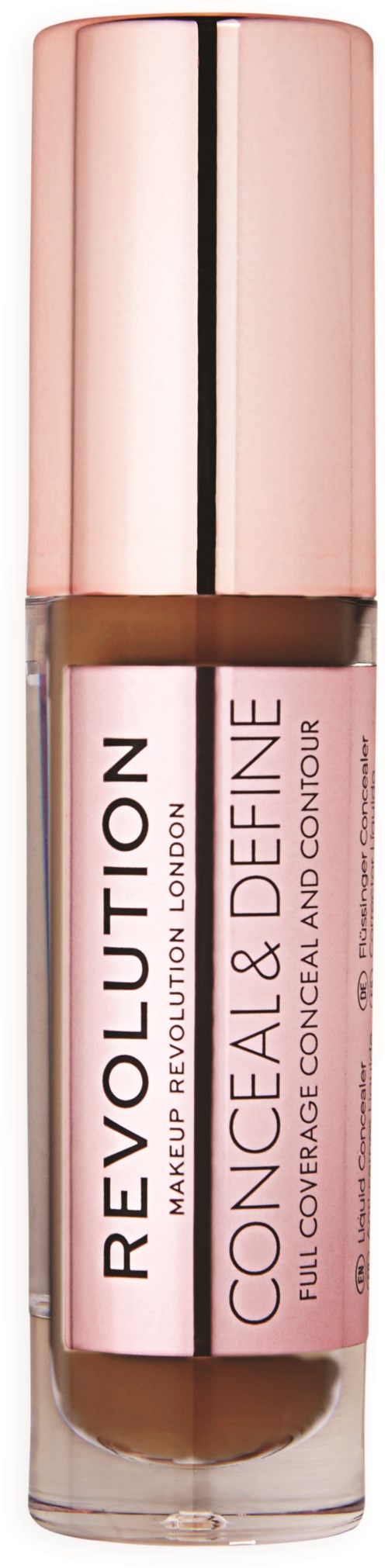 Ein Concealer-Flasche mit rosa Farbton und goldener Kappe, gekennzeichnet 'REvolution' für volle Abdeckung.