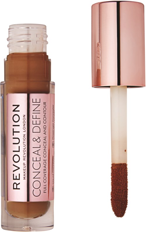 Revolution Conceal & Define Vollabdeckende Abdeckungskorrektor mit rosa Deckel und Applikator mit braunem Produkt.