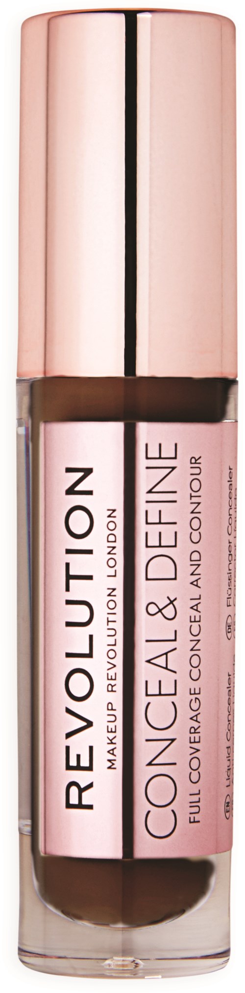 Ein Concealer in einem rosa und roségoldfarbenen Behälter, bezeichnet 'Revolution' für volle Abdeckung und Kontur.