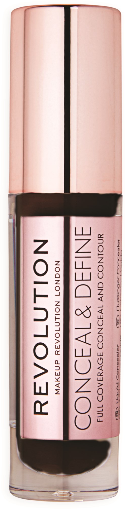 Ein Concealer-Röhrchen mit der Aufschrift 'Revolution Makeup London' für vollflächige Abdeckung, geeignet für Verdeckung und Konturierung.