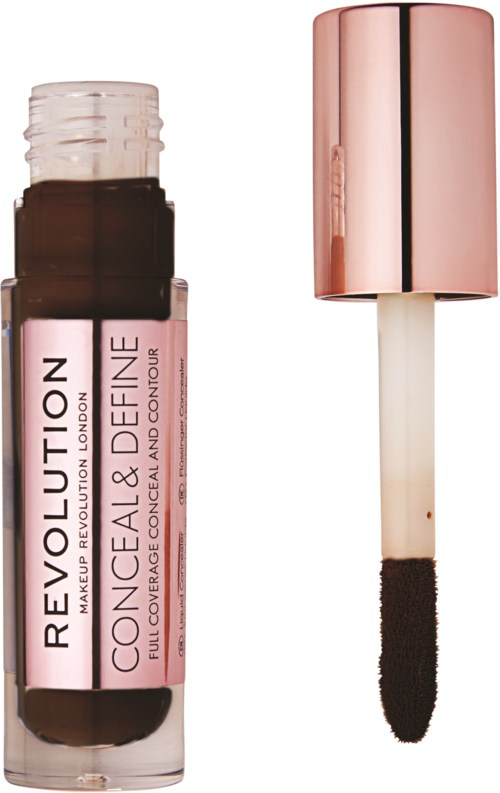 Verkorkter Tube mit rosa Deckel, Applikatorpinsel mit dunkler Abdeckcreme, zum Kaschieren.