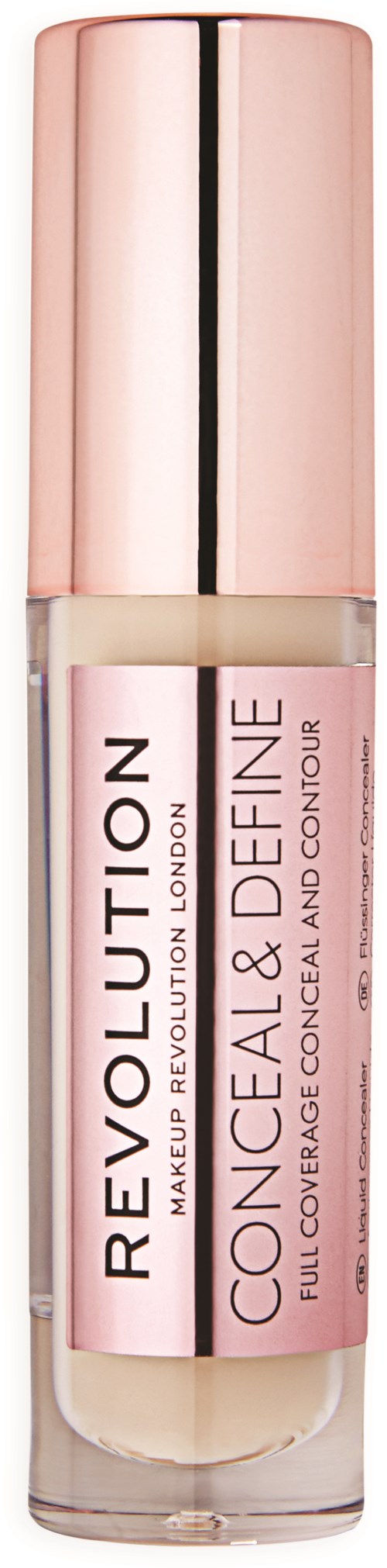 En concealer-flaska från Revolution Makeup, rosa och roséguld, för full täckning av mörka ringar och märken.