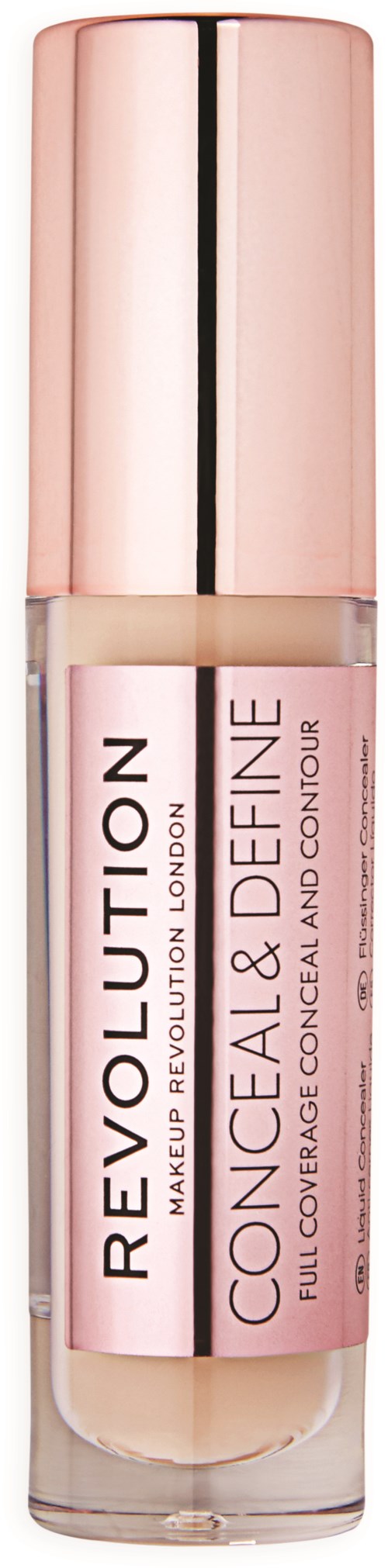 En concealereflaske med rosa hette og etikett, med merket Revolution og produktdetaljer for full dekning.