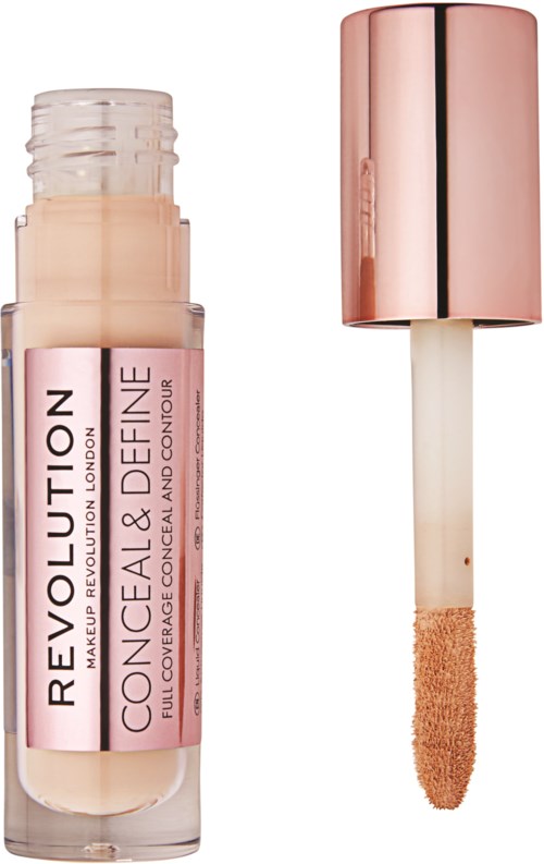 Concealer-beholder med rosa lokk og applikator, for å dekke og lysne hudfeil.