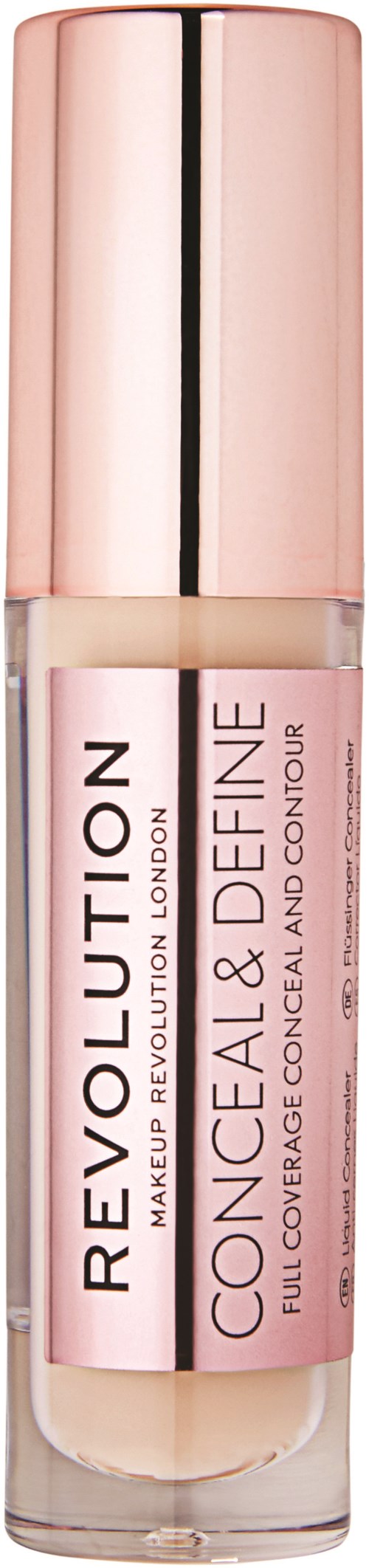 En beigeoransje tube med gullhode, merket 'Revolution.' Inneholder concealeren og contour-makeup.