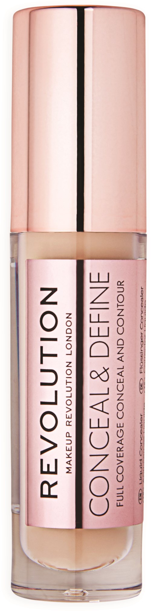 En concealer og konturstift med rosa og beige nyanser, merket 'Revolution' for full dekning og konturering.