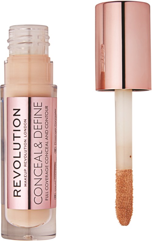 En concealer-stift med en rosa, skinnende hette og en svampapplikator, brukt for å dekke hudfeil.