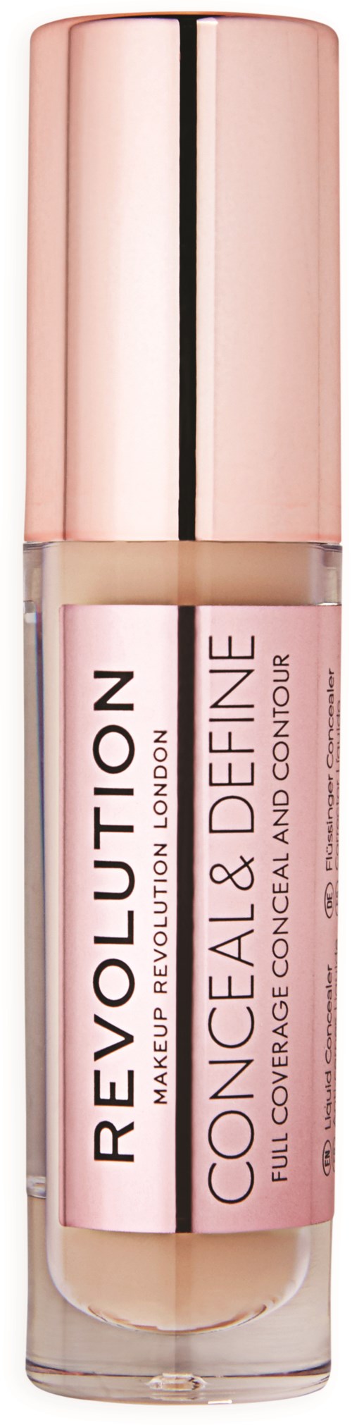 En flaske Revolution Conceal & Contour, full dekning concealed, i en rosa tube med gullfarget lokk.