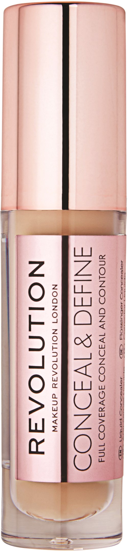 Eine Flasche Revolution Conceal & Define Full Coverage Concealer mit rosa und goldener Kappe.